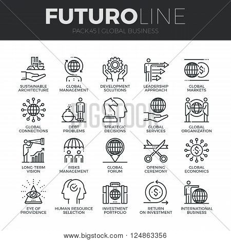 Modern thin line icons set of global business services and worldwide operations. Premium quality outline symbol collection. Simple mono linear pictogram pack. Stroke vector logo concept for web graphics.