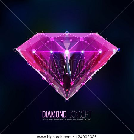 Pink diamond.Vector shape of a color pink diamond isolated on a black background. Molecular sieves, diamond-shaped, geometric pattern in the form of a triangle shapes. Brilliant, gemstone.