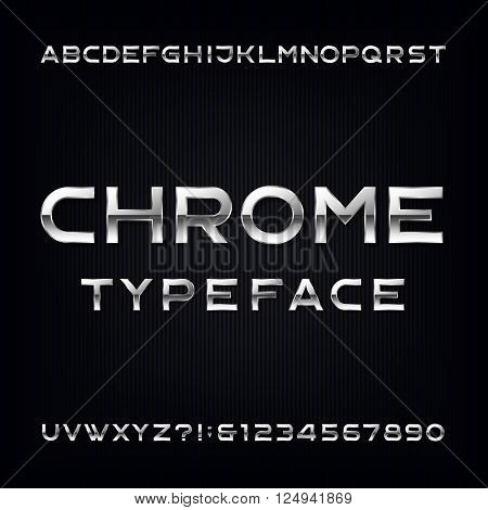 Chrome Alphabet Vector Font. Modern metallic letters and numbers on the dark background. Stock vector typeface for your design.