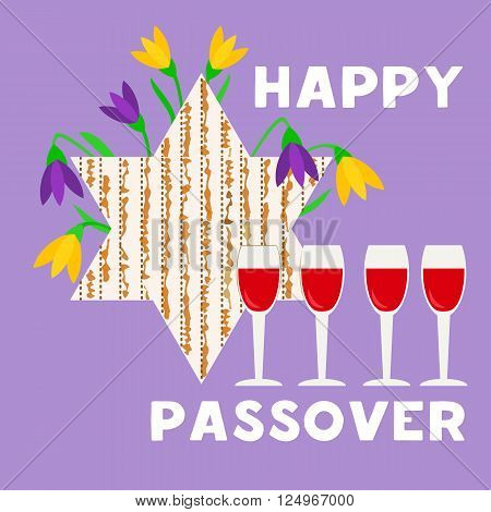 Happy Passover poster, card. Matzah bread, wine for Passover, Pesach celebration. Idea for card with kosher matzoh, decoration, invitation for pesach festival seder dinner. Vector illustration.