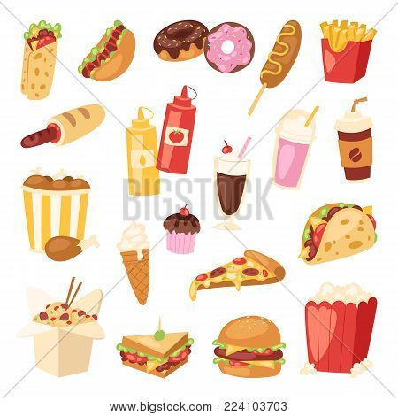 Fast food vector nutrition american hamburger or cheeseburger unhealthy eating concept junk fast-food snacks burger or sandwich and soda drink illustration isolated on background.