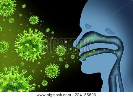 Flu virus spread caused by influenza with human symptoms of fever infecting the nose and throat as deadly microscopic microbe cells with 3d illustration elements.