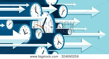 Time Forward. Fast Decision. 3d Clock Icons In Flat Style, Right Arrows, Timers On Blue Background. 