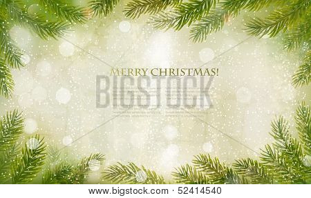 Christmas retro background with christmas tree branches. Vector. 