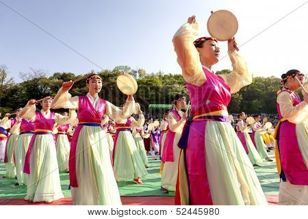 SEOUL KOREA MAY 11: Actresses are performing at Buddhist Cheer Rally for celebration of Lotus Lantern Festival on may 11 2013 at Dongguk University Stadium, Seoul, Korea. 