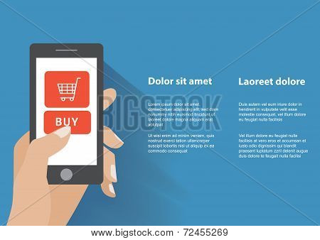 Hand holing smart phone with buy button on the screen