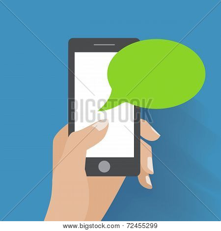 Hand holding black smartphone with blank speech bubbles for text