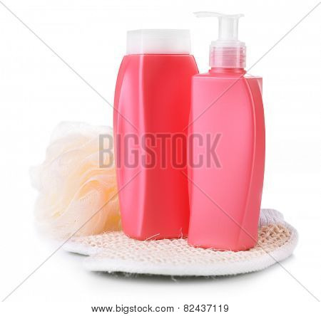 Shampoo and shower gel with wisp isolated on white