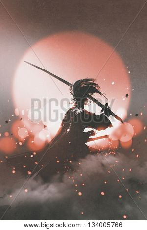 samurai with sword standing on sunset background, illustration painting