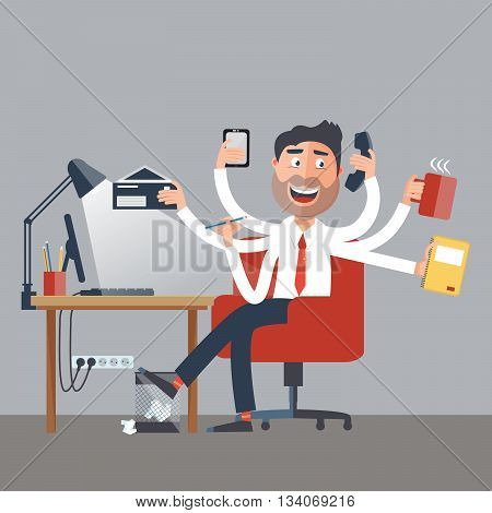 Multitasking Business Man at Work in Office. Happy Man has Six Arms Doing Office Tasks. Vector illustration