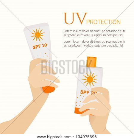 UV sun protection concept with place for text. Vector illustration of hands holding sunblock cream bottles. Summer sunscreen cosmetic container icons. UV SPF skin protection sign. Skincare concept.