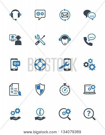 Technical Support Icons - Blue Series. Set of icons representing technical support services, customer assistance, customer service and support.