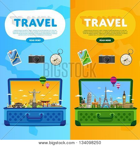 World travel and tourism concept flat vector. Famous world buildings. World travel landmark and famous travel place. Vacation travel architecture in cartoon style. World travel background. Travel banners. Travel background for traveling agency. Travel.