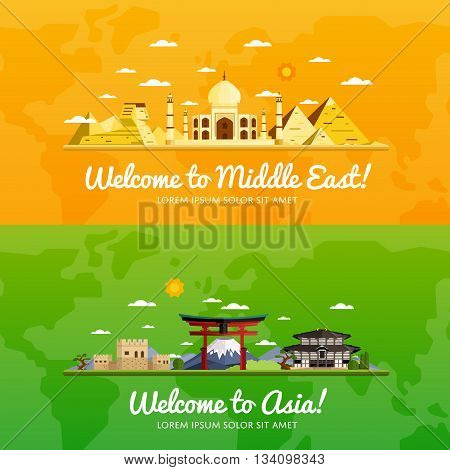 Welcome to Middle East and Asia travel flat vector illustration. Journey around the world. World traveling concept. Middle East travel and Asia travel banners. Worldwide discover. Travel concept.  World travel background. Travel asia banners. Time to trav