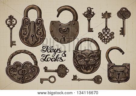 Vintage Keys and Locks. Hand drawn collection of vector retro objects