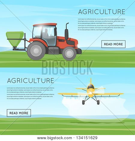 Tractor pours fertilizer. Flying yellow plane spraying agricultural chemicals pesticide. Agriculture. Agricultural vehicles. Harvesting, agriculture. Equipment for agriculture. Flat design vector.