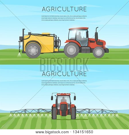 Tractor watering field. Agriculture. Agricultural vehicles. Harvesting, agriculture. Farm. Tractor processes the earth. Equipment for agriculture. Flat design vector illustration.