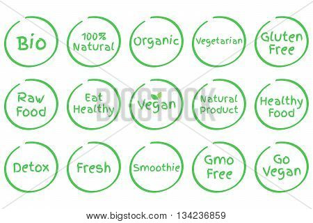 Set of Healthy Food Symbols. Vector Bio 100% Natural Organic Vegetarian Gluten Free Raw Food Eat Healthy Vegan Natural Product Detox Fresh Smoothie GMO Free Go Vegan