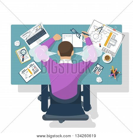 Student stress. Flat design style vector illustration. Tired student for training table. Exam preparation. Education concept. Stressed overworked man studying.