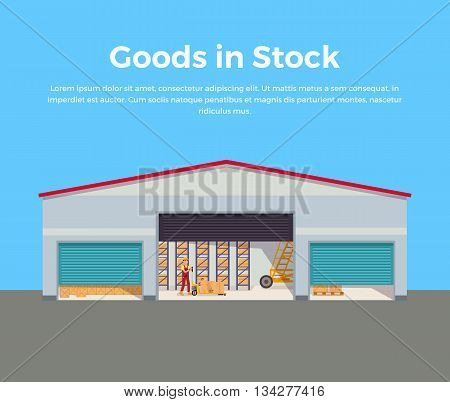 Goods in stock banner design flat. Warehouse stock with a pile of cardboard boxes and package boxes. Delivery and shipping cargo, logistic to storehouse, merchandise box, vector illustration