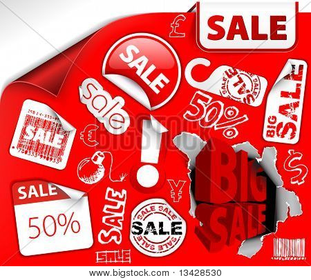 Set of red discount tickets, labels, stamps, stickers, corners, tags (vector)