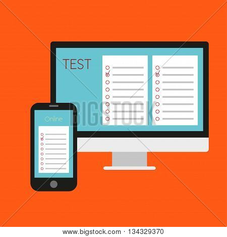 Online test. Vector illustration
Online test. Computer online test and the cellphone with the questionnaire. Flat design