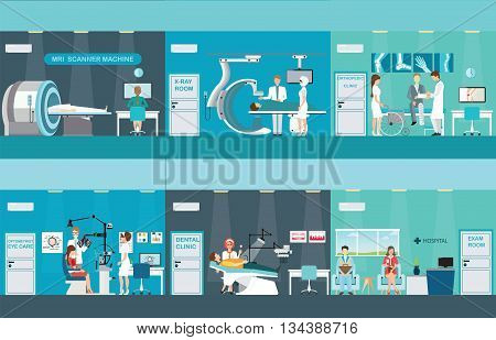 Doctors and patients in hospitals Medical services dental care x-ray Orthopedic clinics MRI scanner machine ophthalmic testing device machine C Arm X-Ray health care conceptual vector illustration.