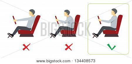 Correct spine posture for driver. Spine driver incorrect, right spine driver, position good spine driver. Vector illustration infographics