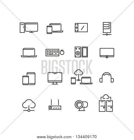 Computers and devices line icons set. Computer device,  computer icon, communication computer device, technology electronic icon, vector illustration