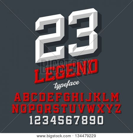 Legend typeface. Beveled sport style retro font. Letters and numbers, vector illustration.