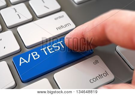 Modern Keyboard with AB Test Blue Key. Hand Finger Press AB Test Keypad. AB Test - Laptop Keyboard Keypad. Finger Pushing AB Test Keypad on White Keyboard. 3D Render.