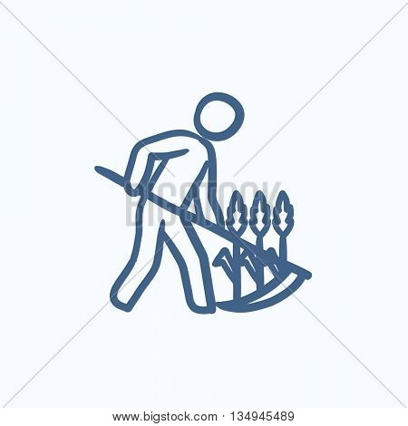 Man mowing grass with scythe vector sketch icon isolated on background. Hand drawn Man mowing grass with scythe icon. Man mowing grass with scythe sketch icon for infographic, website or app.