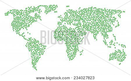 Worldwide Mosaic Map Organized Of Dollar Design Elements. Vector Dollar Scattered Flat Elements Are 