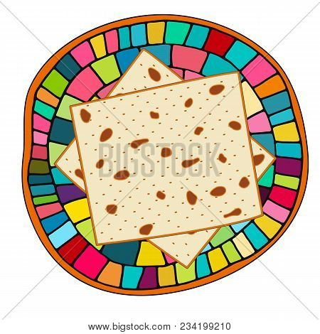 Vector Illustration Of Matzah For Jewish Holiday Of Passover On The Plate. Pesach Unleavened Bread A