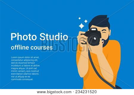 Happy Photographer Is Taking A Photo Using Slr Camera. Flat Vector Illustration Of Young Male Charac