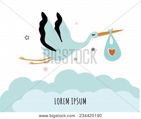 Vector Illustration Of A Baby Shower Invitation With Stork. Stork Carrying A Cute Baby In A Bag. Can