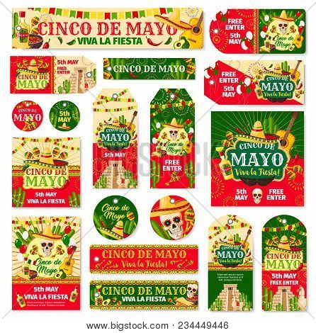 Cinco De Mayo Tag And Fiesta Party Invitation Banner. Mexican Holiday Skull In Sombrero With Maracas