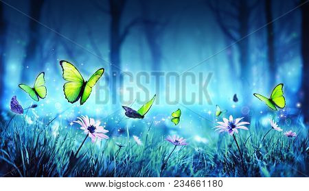 Fairy Yellow Butterflies On Daisies In Mystic Forest