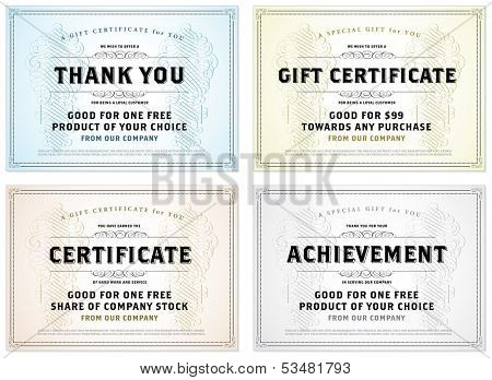 Vector set of retro gift certificates. Great for certificates, diplomas, and awards. Easy to edit.