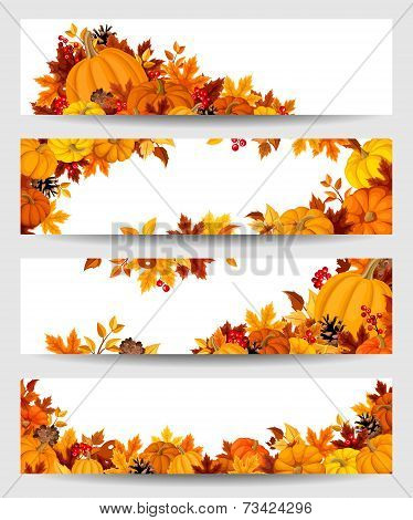 Vector banners with orange pumpkins and autumn leaves.