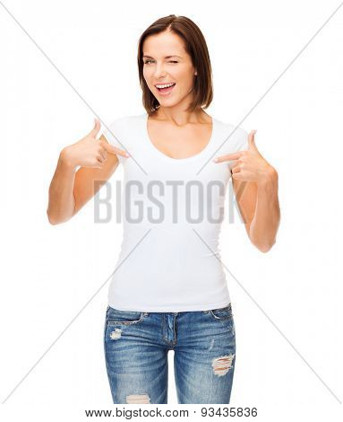 t-shirt design concept - smiling and winking woman in blank white t-shirt