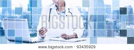 healthcare, medical diagnosis and technology concept - african female doctor with laptop pc computer looking at medical report over blue grid and city background