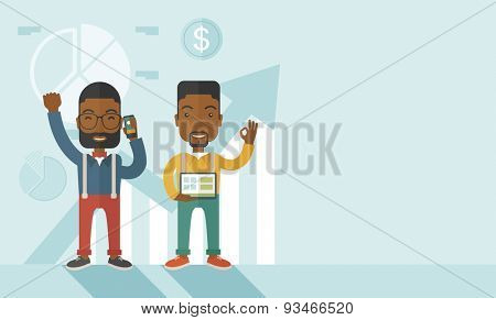 A two cheerful african businessmen with arms up high enjoying their success shown in the graph at their back. A contemporary style with pastel palette soft blue tinted background. Vector flat design