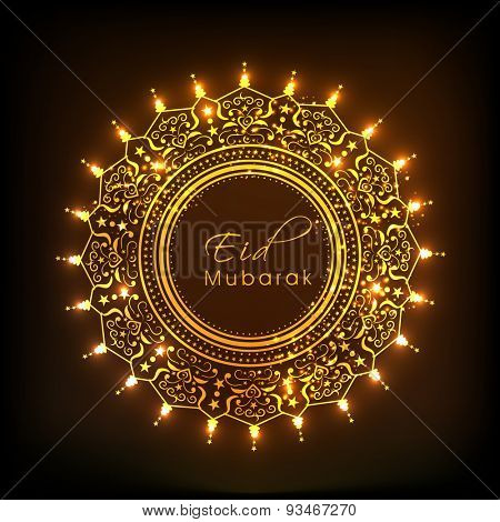 Golden rounded frame decorated with beautiful artistic floral design on brown background for Islamic festival, Eid Mubarak celebration. 