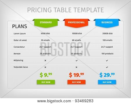 Colorful comparison pricing table template