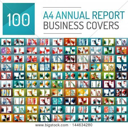 Mega collection of 100 business annual report brochure templates, A4 size covers created with geometric modern patterns - squares, lines, triangles, waves