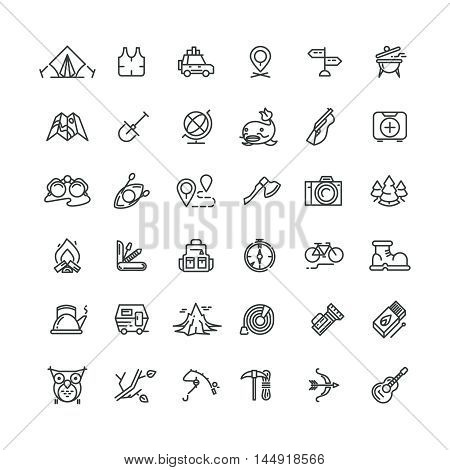 Camping and outdoor vector line icons set. Outdoor camping, travel outdoor, tourism camping, equipment adventure camping outdoor, mountain camping outdoor icon illustration