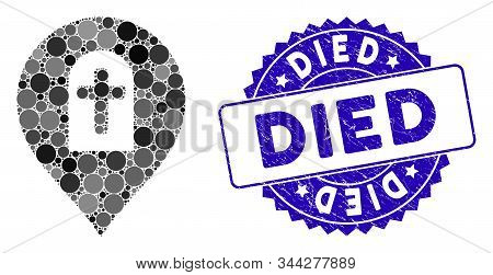 Mosaic Cemetery Marker Icon And Grunge Stamp Watermark With Died Phrase. Mosaic Vector Is Created Wi