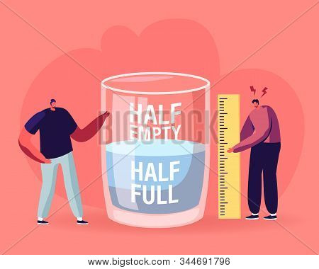 Optimist And Pessimist Concept. Couple Of Male Characters Stand At Huge Water Glass Discussing If It