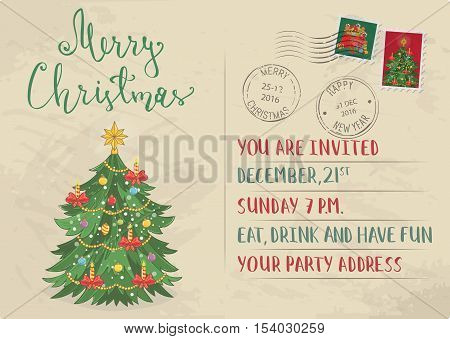 Vintage Christmas card with stamps. Decorated with toys, christmas garlands, candles christmas tree cartoon vector. Invitation card on holiday party. Merry Christmas and Happy New Year greeting card. Xmas letter. Christmas card layout. Old Christmas card 